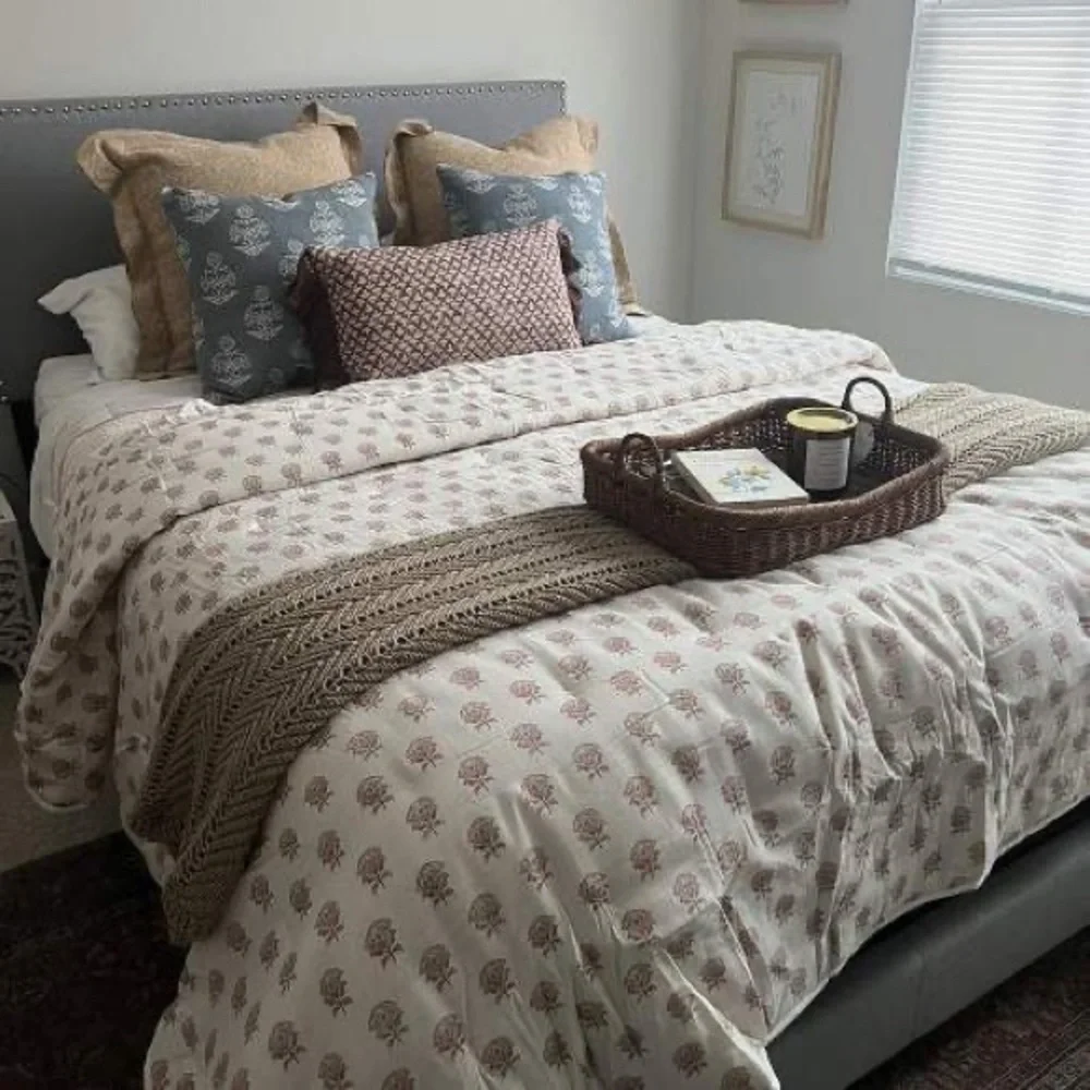Lofty Cotton Slub Woodblock Print Floral ~ Quilt & 2 Sham Studio McGEE